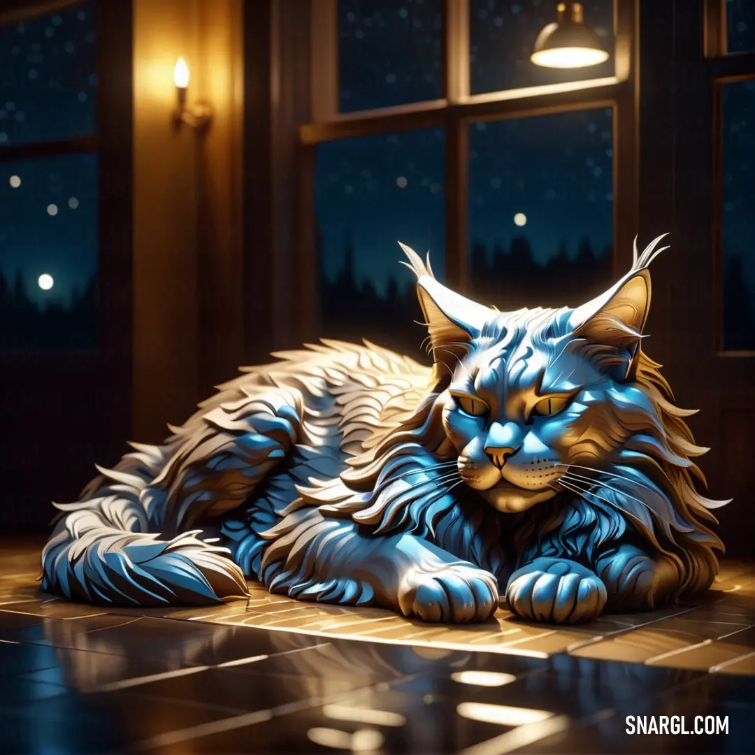 Cat statue on a tiled floor in front of a window at night with a full moon in the sky