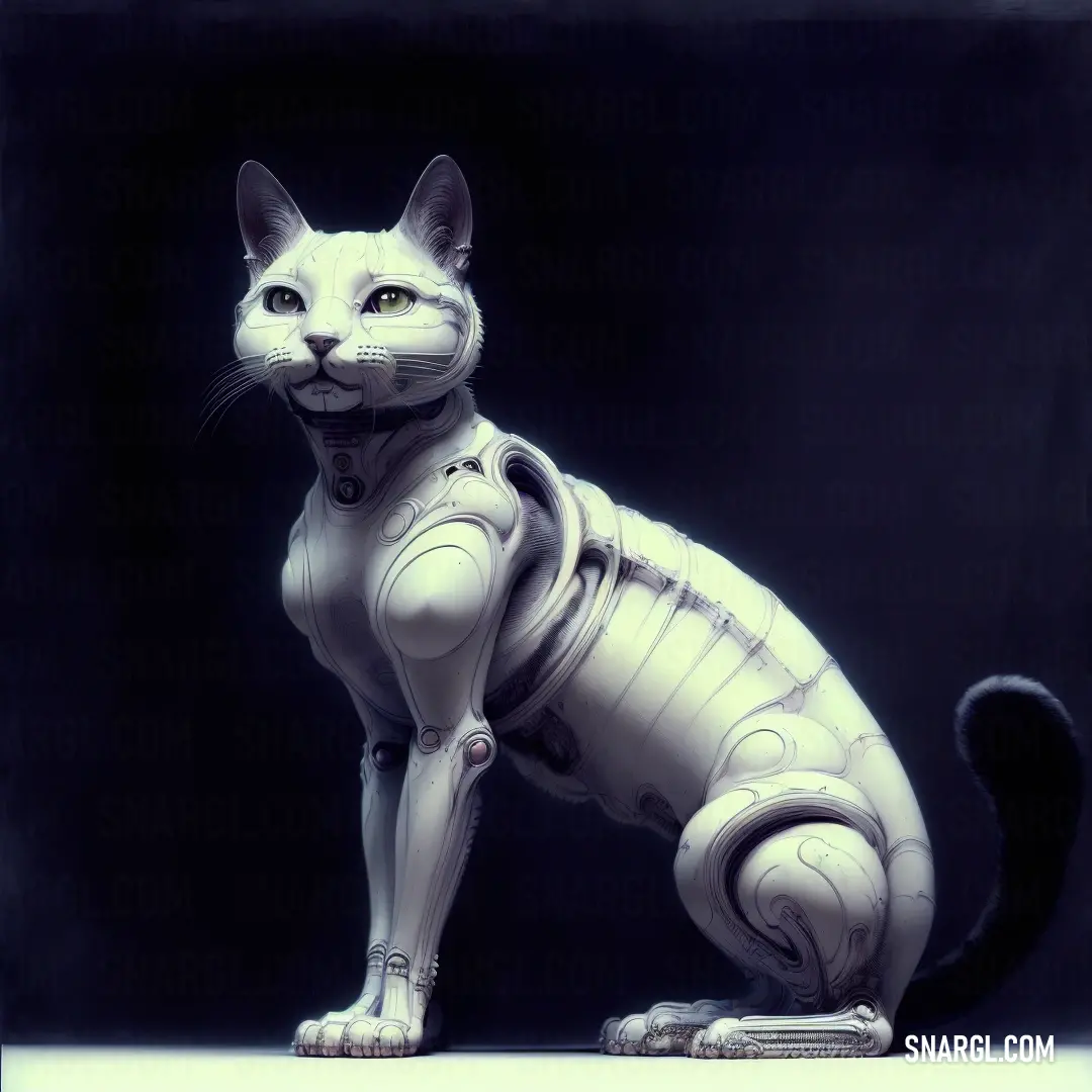 Cat that is down with a robot suit on it's body and a black background behind it