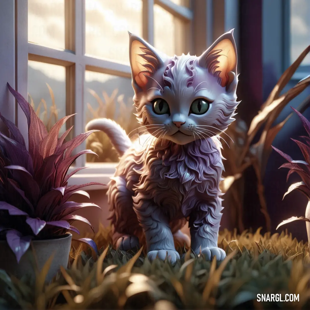 Cat that is standing in the grass near a window and plants in the background