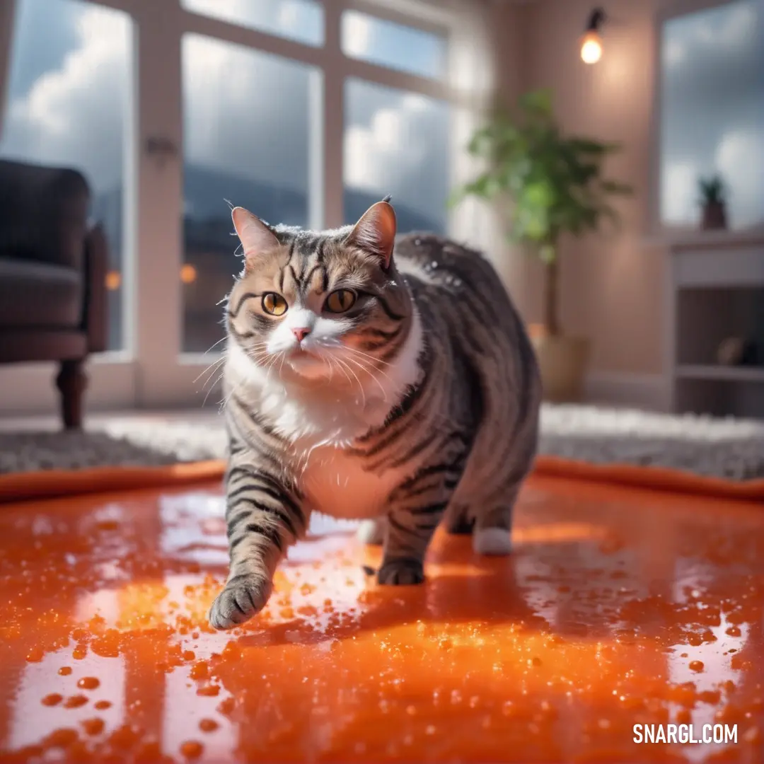 Cat walking across a living room floor covered in orange liquid and water droplets on the floor