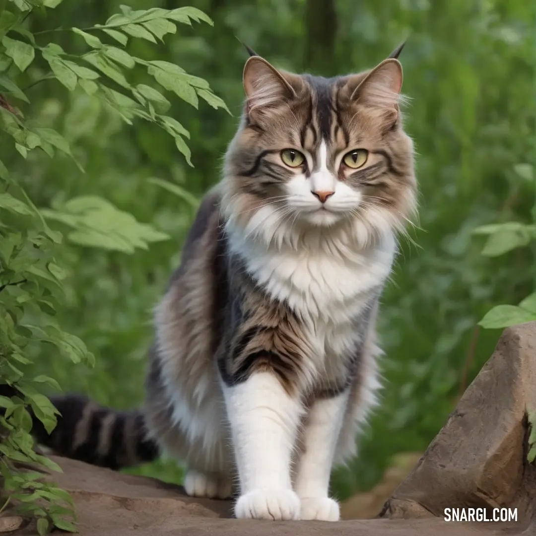 Cat walking on a rock in a forest area with green foliage and rocks in the foreground and a blurry background