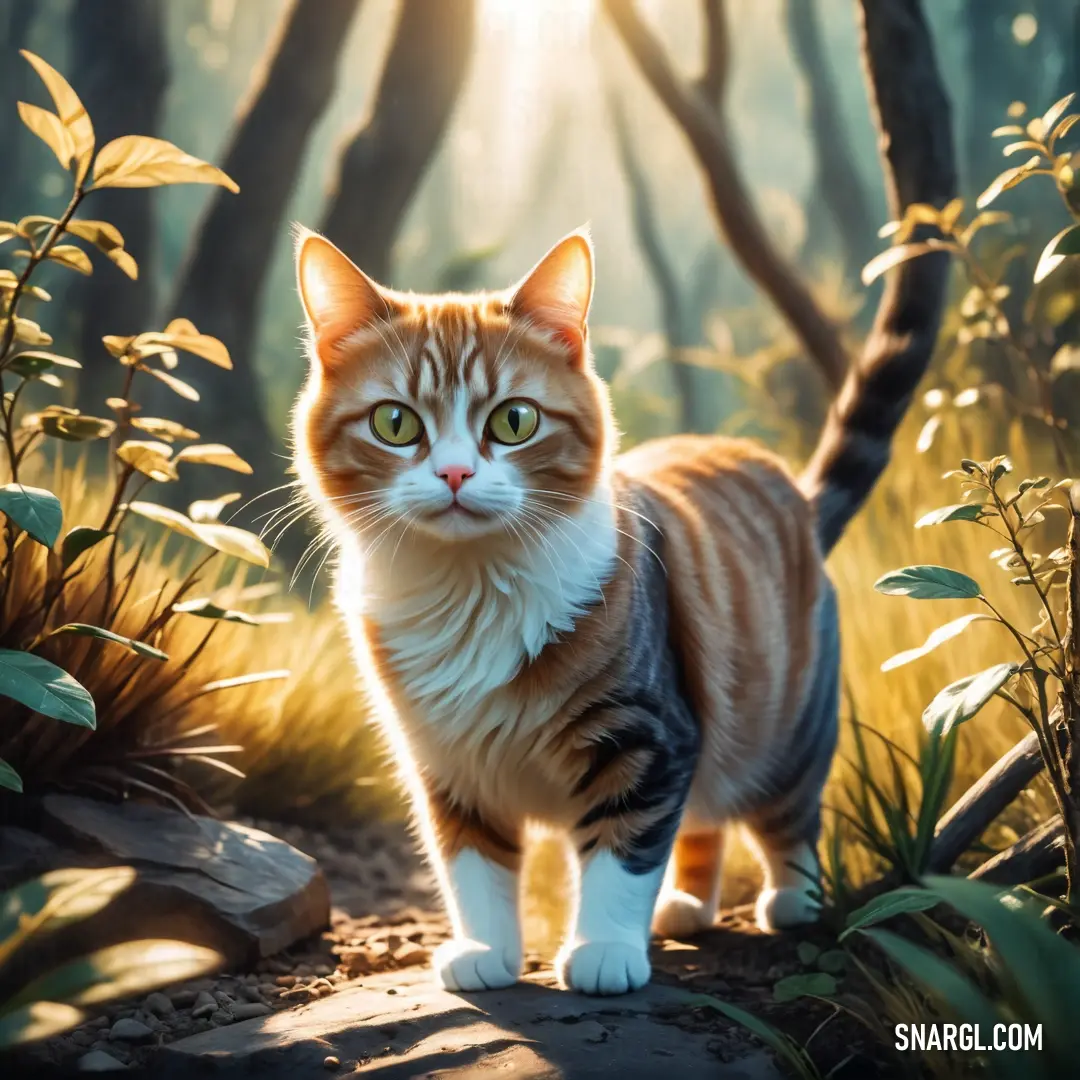 Cat walking through a forest with sunlight shining through the trees and grass on the ground and behind it is a rock and grass area with small bushes