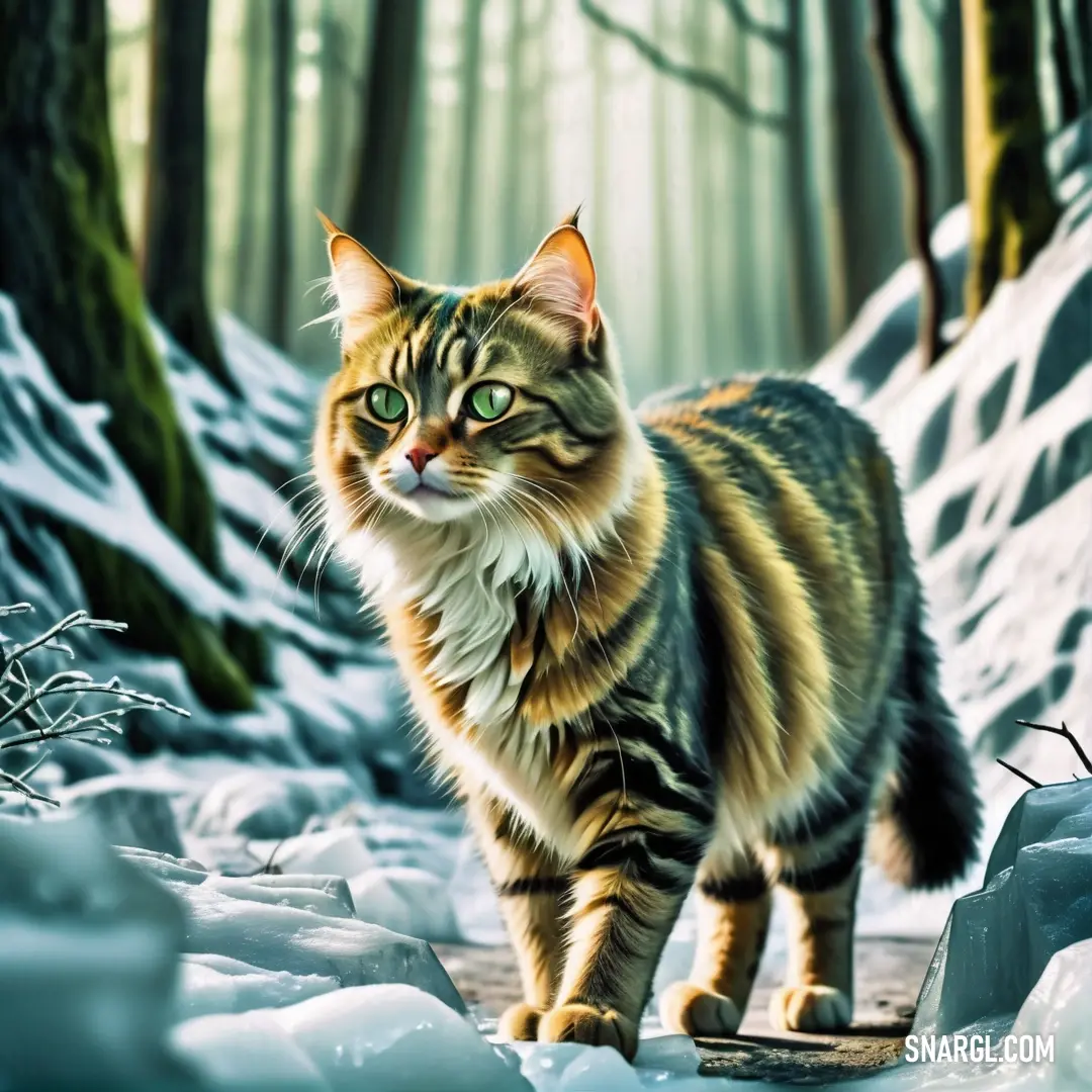 Cat walking through a snowy forest with a snowboard on the ground in front of it's face