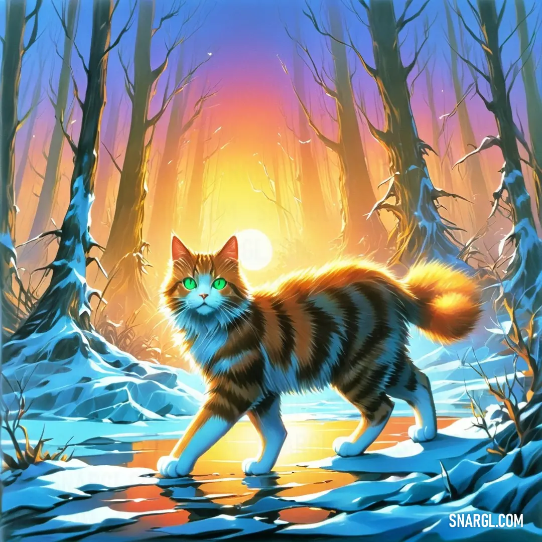 Cat walking through a snowy forest at sunset or dawn with a bright light on its face and eyes