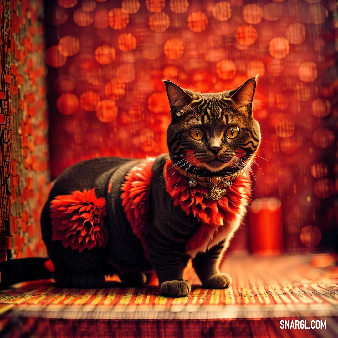 Cat wearing a red and black outfit and a red bow tie on a rug