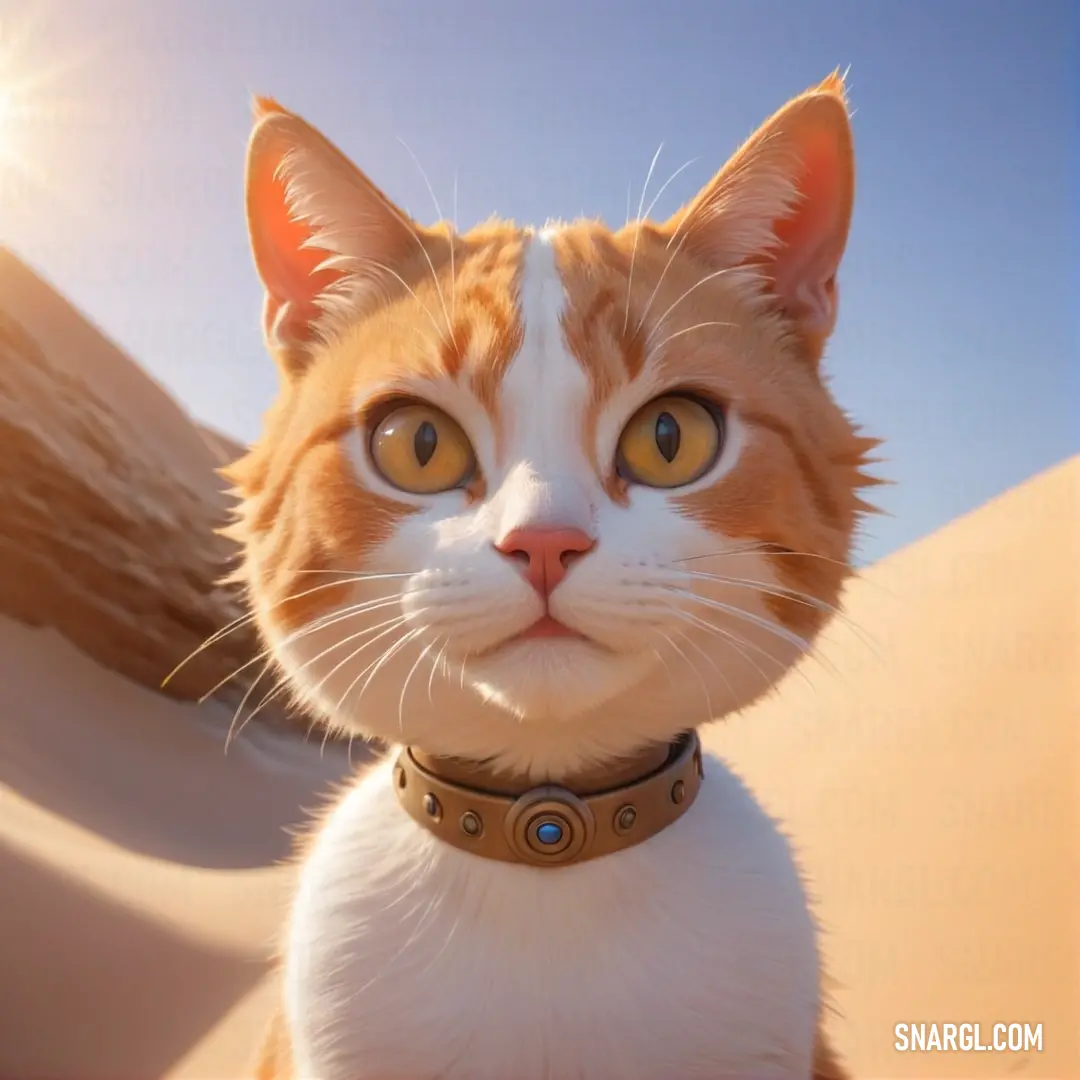 Cat with a collar on in the sand dunes looking at the camera with a bright sun in the background