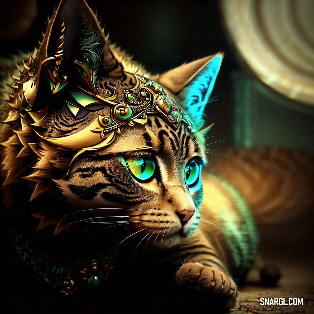 Cat with a gold crown on its head and green eyes laying down on a floor next to a lamp