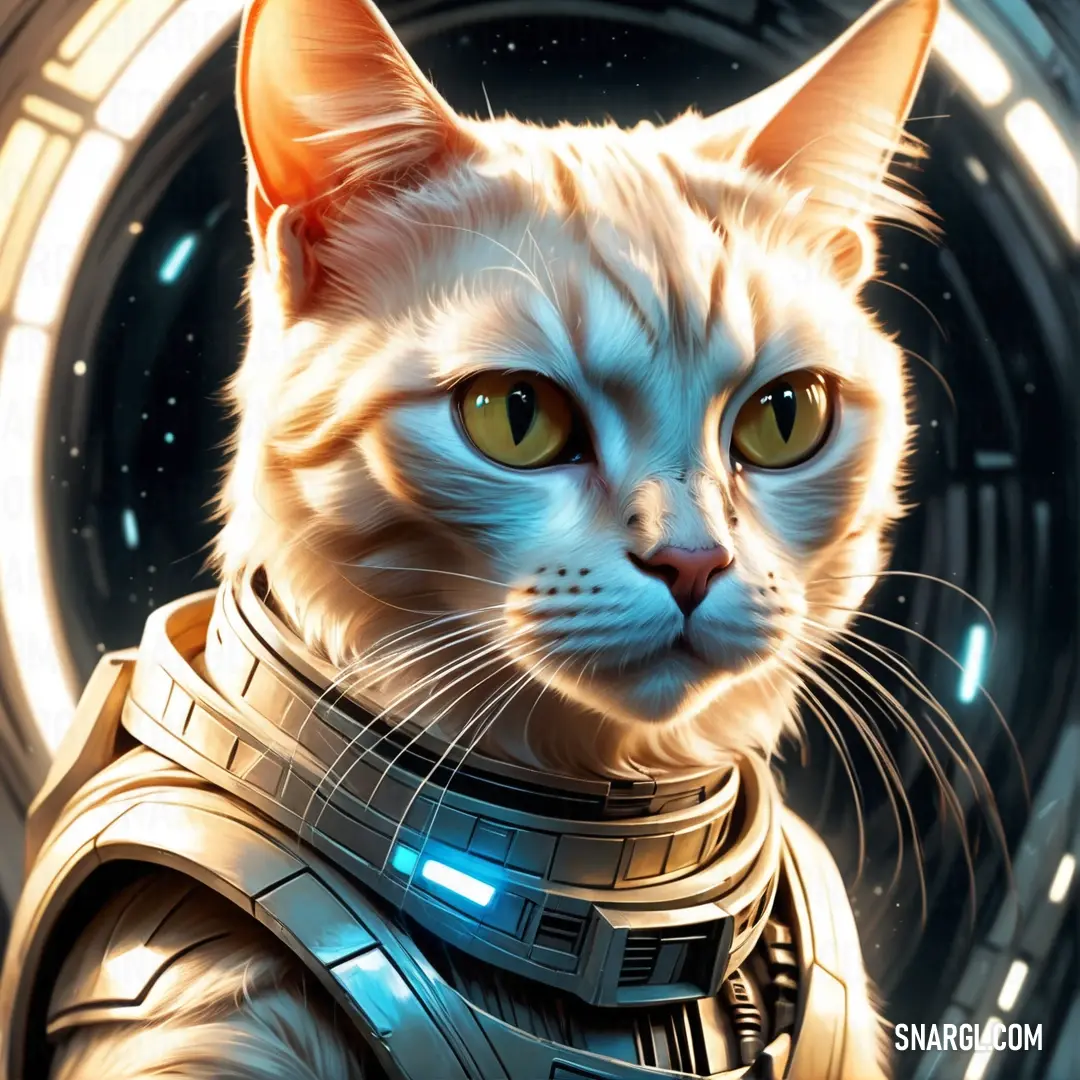 Cat with a star wars costume on and a space background is shown in this painting of a Cat in a space suit