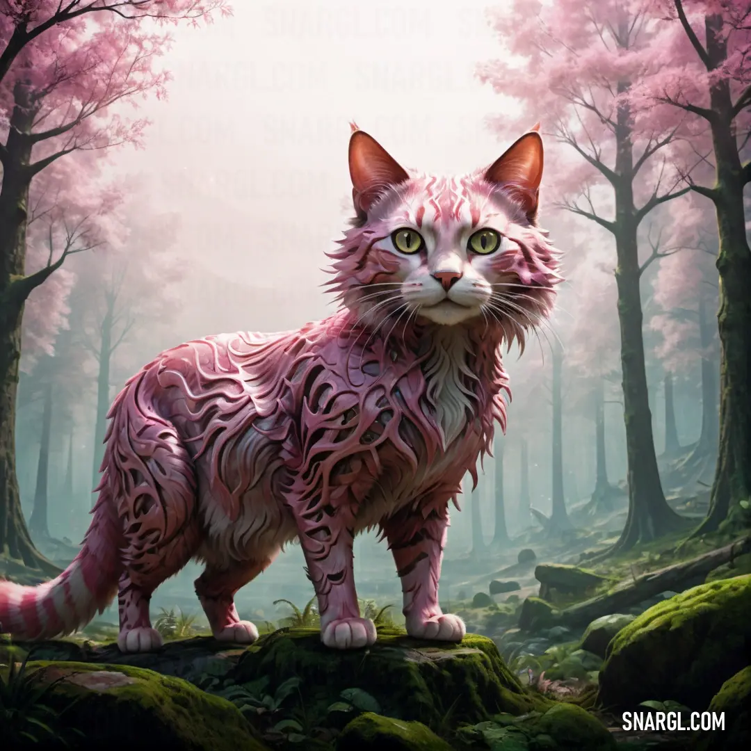 Cat with a weird look standing on a rock in a forest with pink trees and rocks in the background