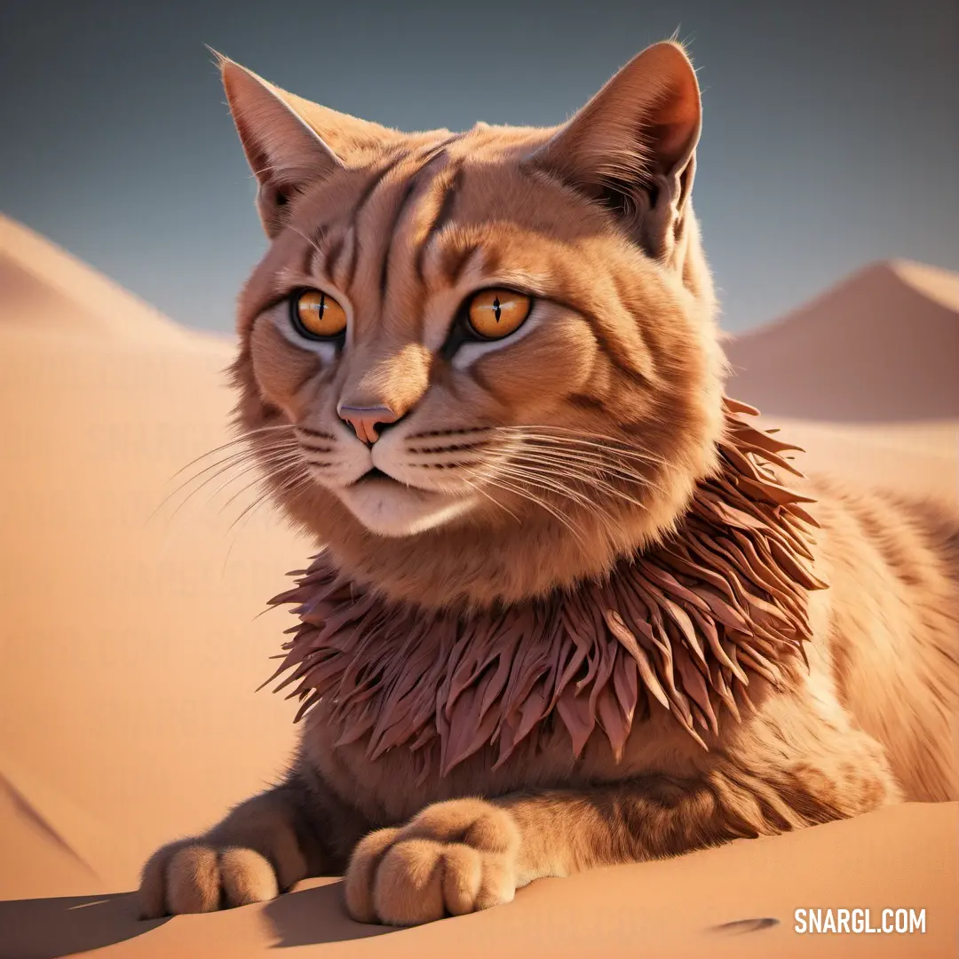 Cat with a wet body in the desert sand dunes looking at the camera with a serious look on its face