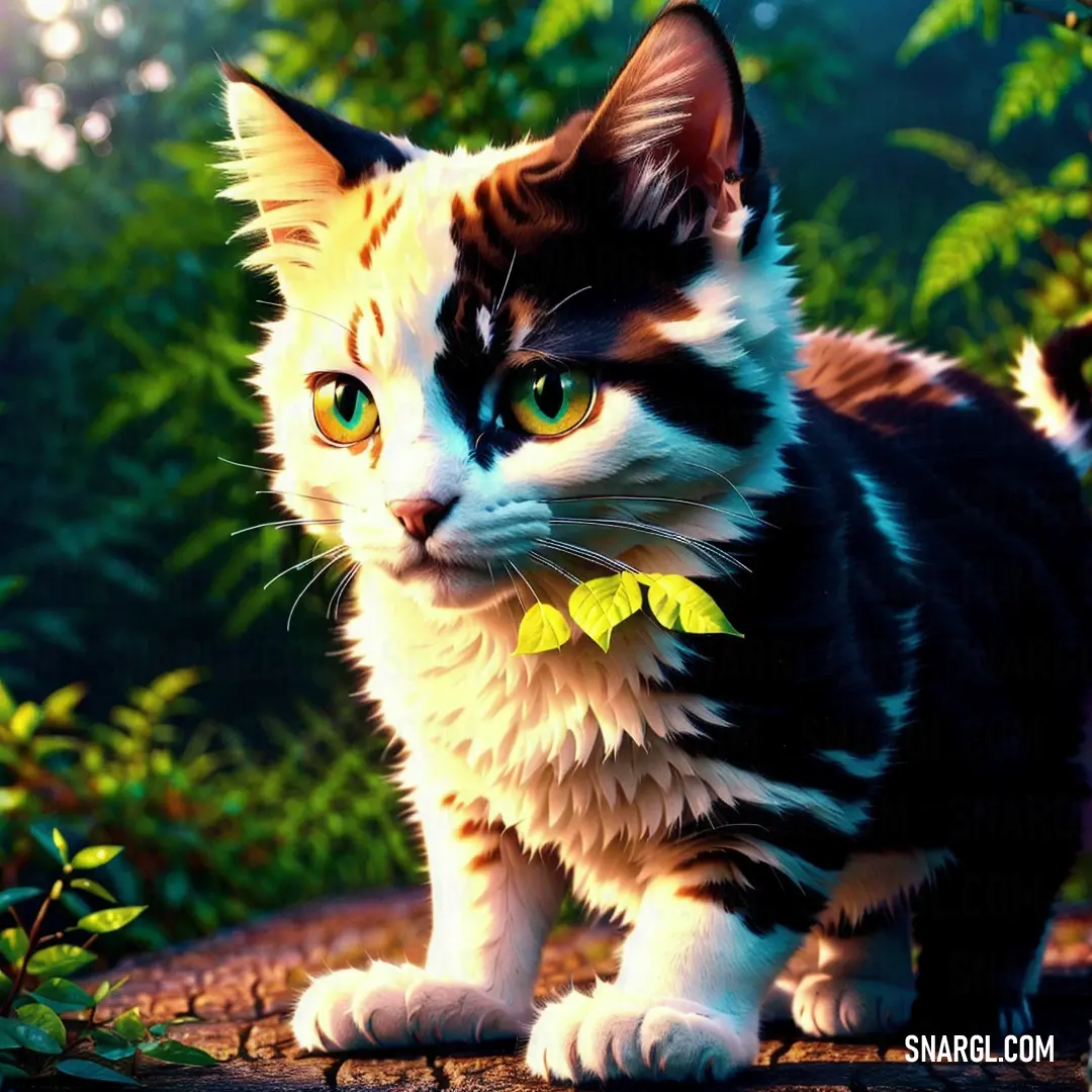 Cat with a yellow bow tie standing on a log in the woods with leaves around it and a sun shining through the trees