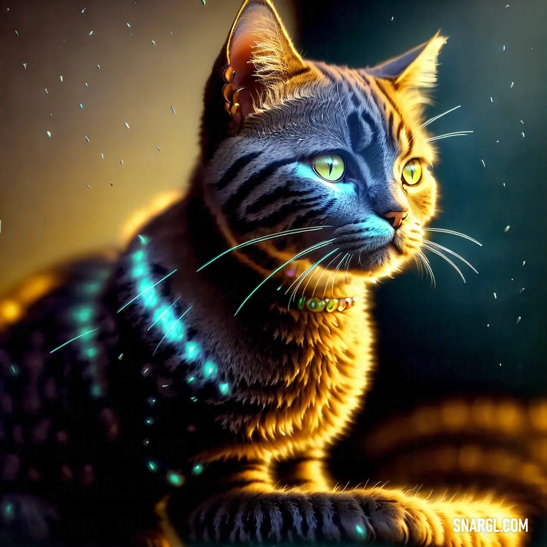 Cat with green eyes on a table with a black background and yellow lights shining on it's face