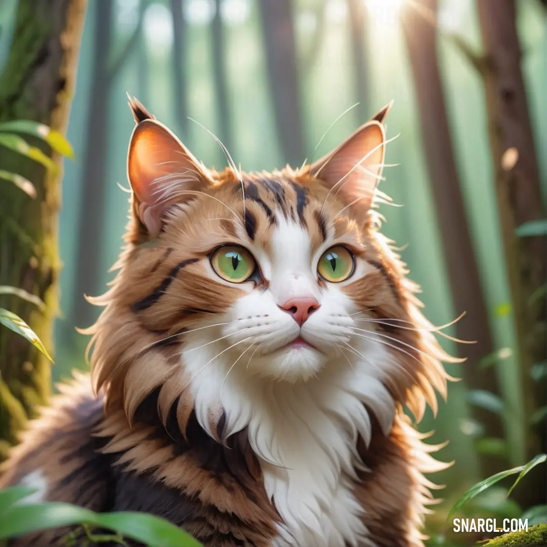 Cat with green eyes in the woods looking at the camera with a smile on its face and a green - eyed