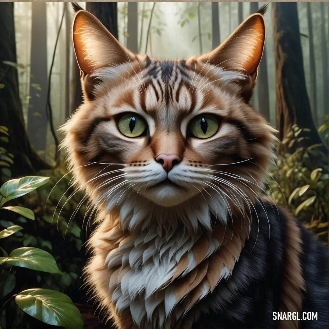 Cat with green eyes and a black shirt in a forest with plants and trees in the background