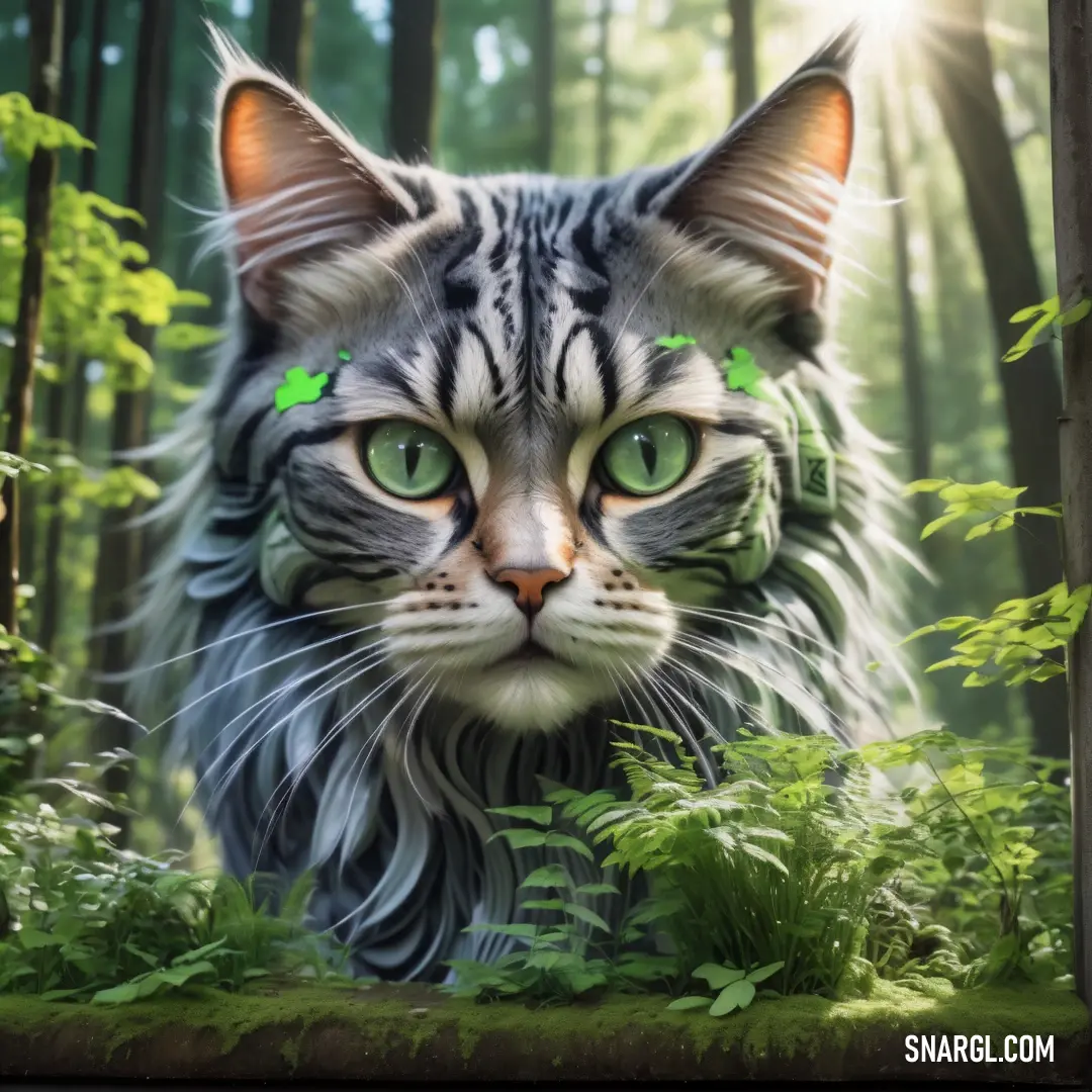 Cat with green eyes is in the woods with trees and grass around it's head and a green patch on its forehead