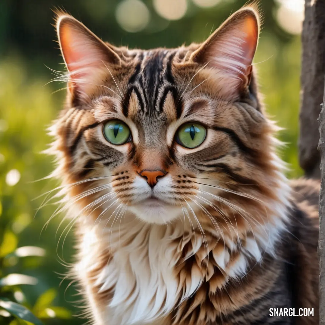 Cat with green eyes in the grass next to a tree trunk and looking at the camera with a serious look on its face