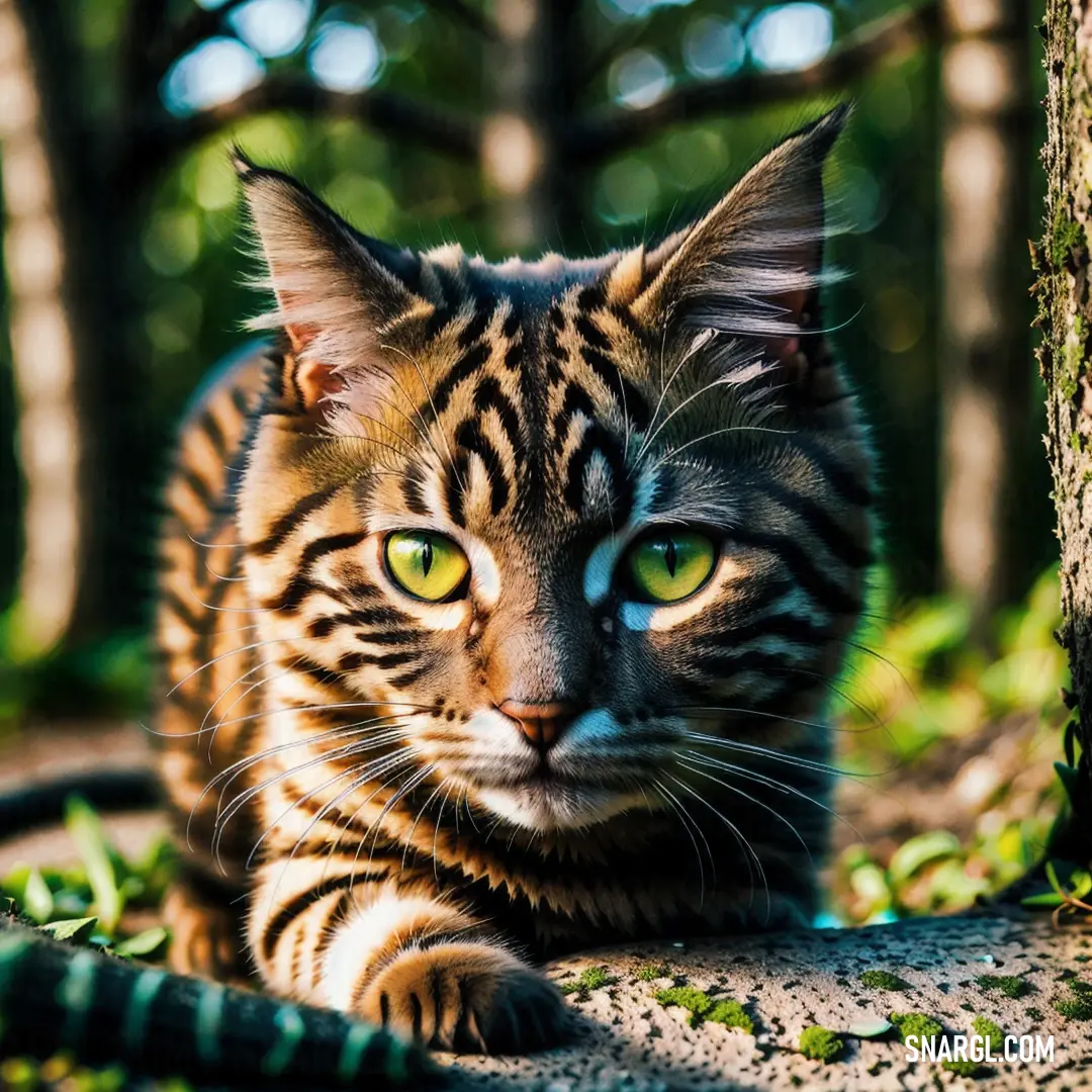 Cat with green eyes next to a tree trunk in the woods with a hose in front of it