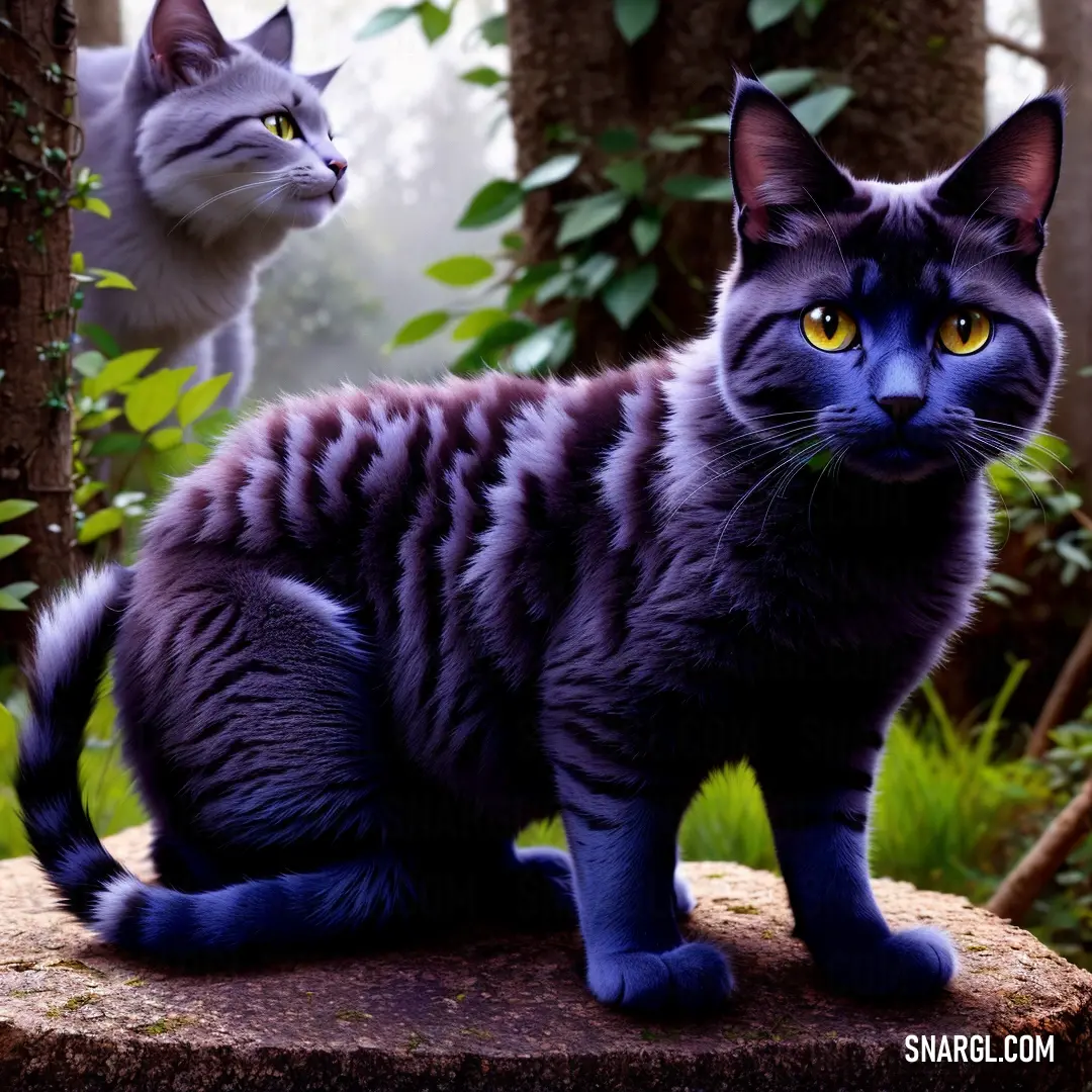 Cat with yellow eyes and a black cat with yellow eyes are standing on a rock in the woods