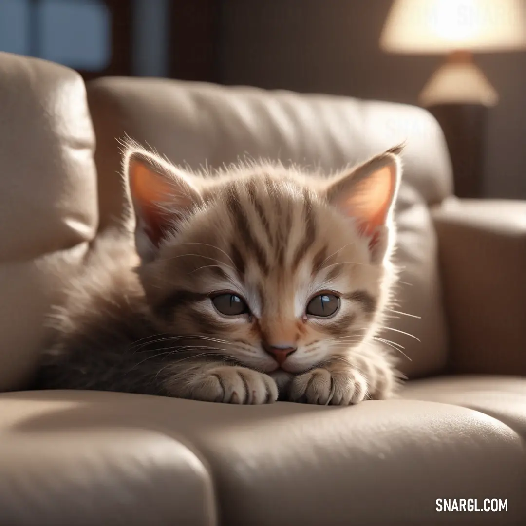 Kitten is laying on a couch with its paws on the arm of the chair and looking at the camera