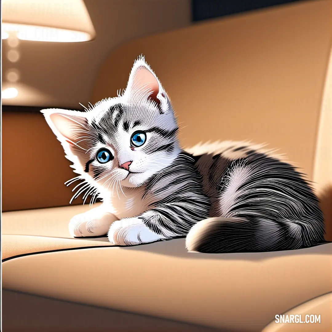 Kitten is laying on a couch with a lamp on the side of it and a blue eyed kitten is looking at the camera