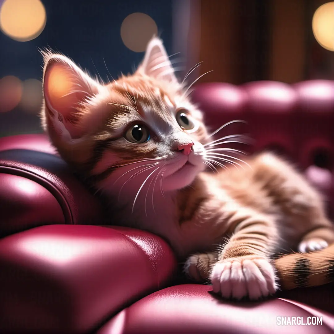 Kitten is on a red leather couch looking up at the camera with a blurry background of lights
