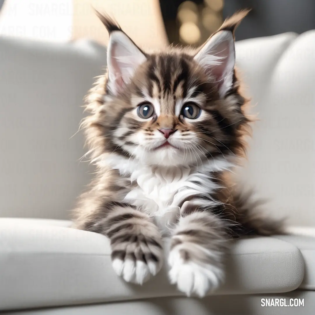 Kitten is on a white couch and looking at the camera with a curious look on its face
