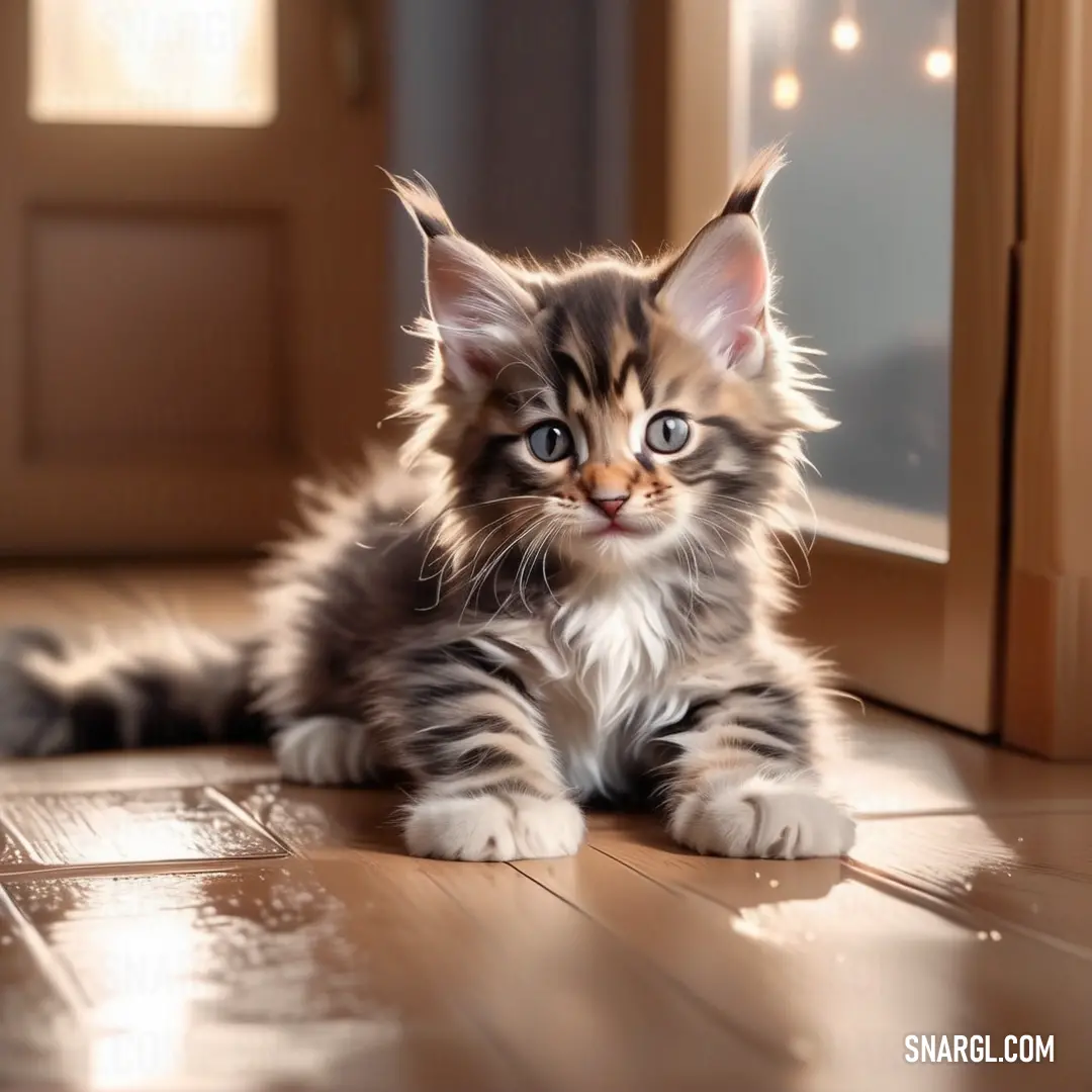 Kitten is on the floor looking at the camera with a curious look on its face and eyes