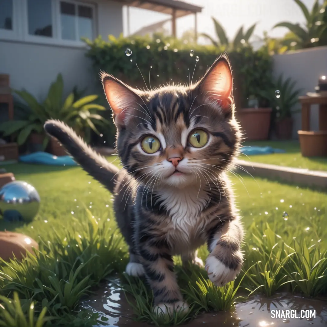 Kitten is walking through the grass with bubbles of water on its face and paws