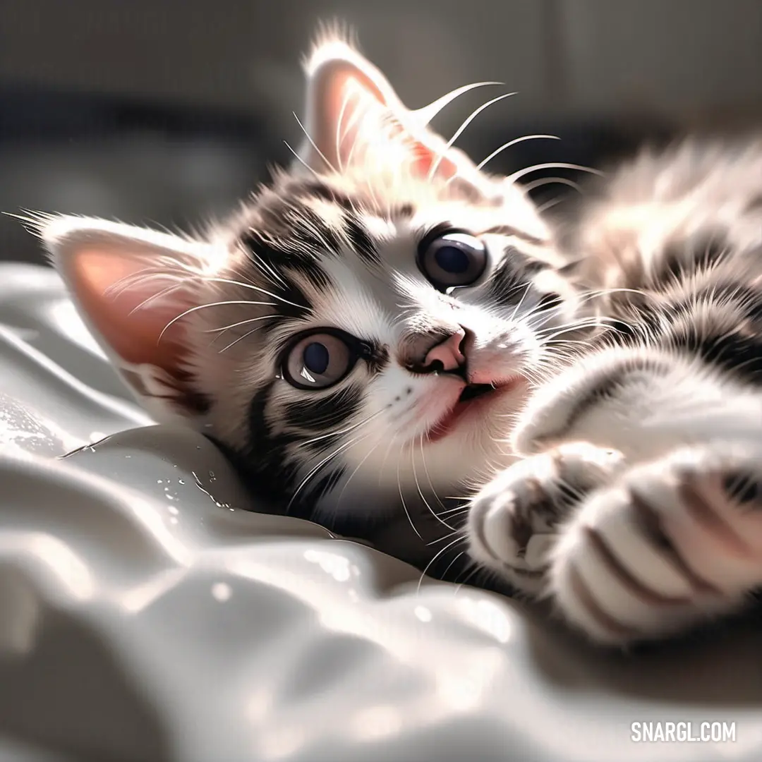 Kitten laying on a bed with its paws on the pillow and eyes open and looking up at the camera