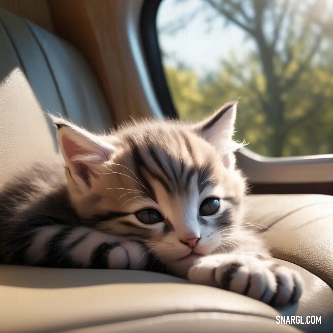 Kitten laying on a leather couch looking out a window at the trees outside of the window sill