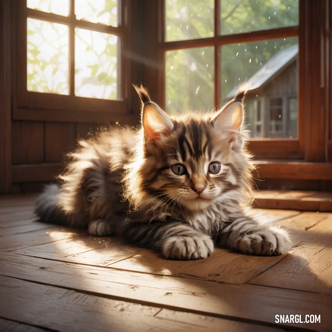 Kitten laying on a wooden floor in front of a window with sunlight streaming through it's windows