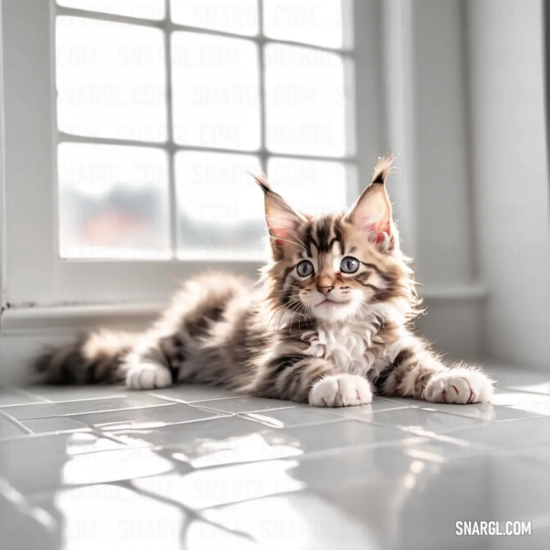 Kitten laying on the floor in front of a window with a bright light coming through it's windowsill