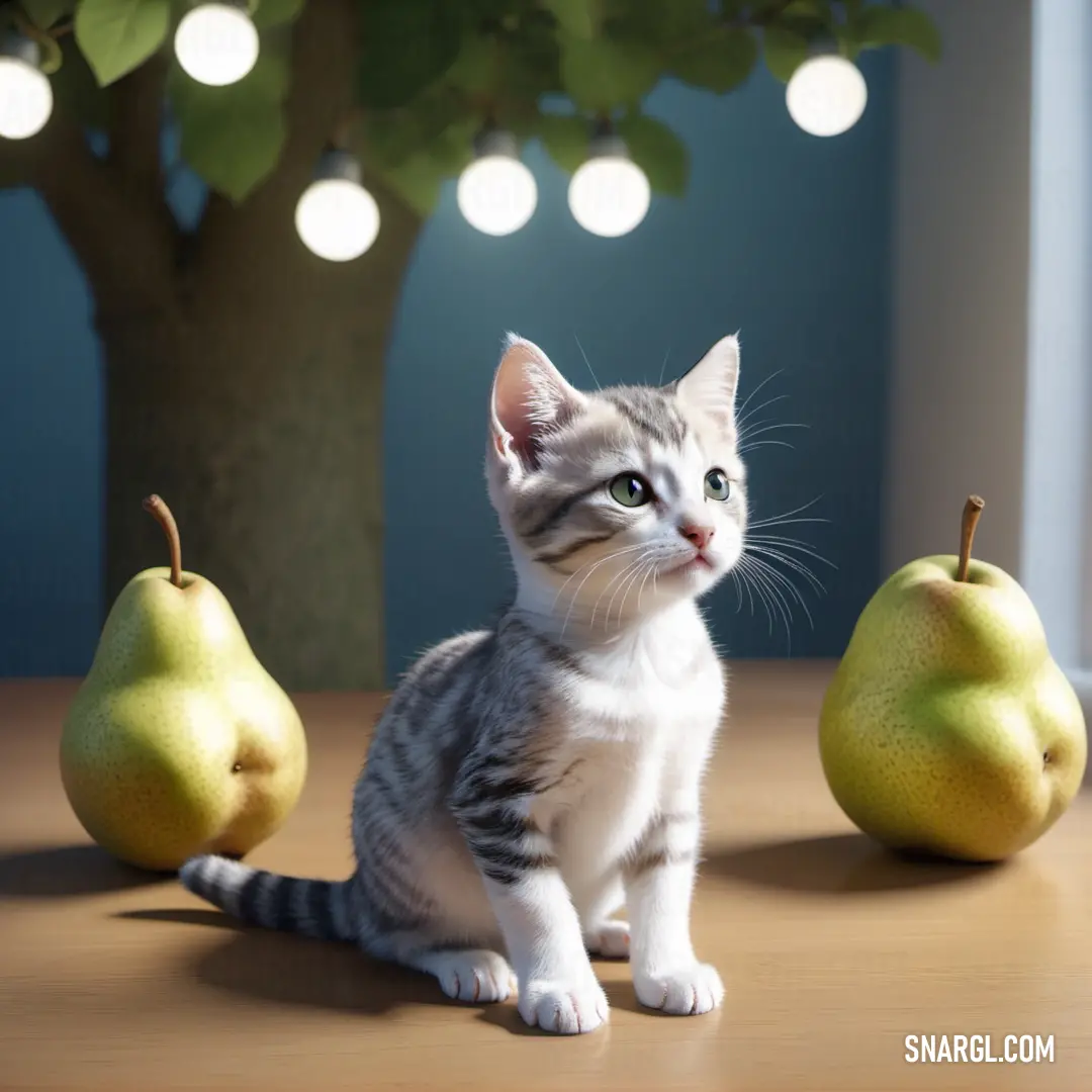 Kitten next to two pears on a table with a tree in the background and lights on