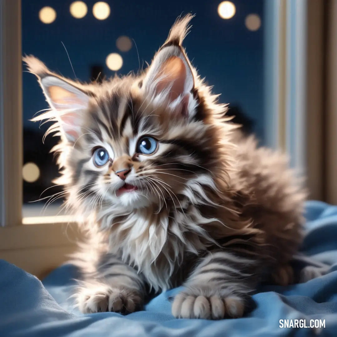 Kitten on a bed looking out a window at the night sky with lights in the background and a blue blanket