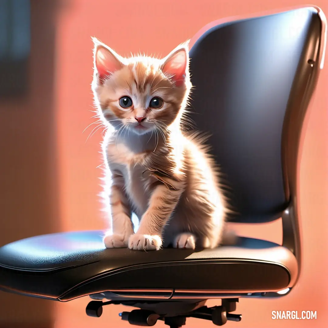 Kitten on a black office chair with a pink background and a black chair
