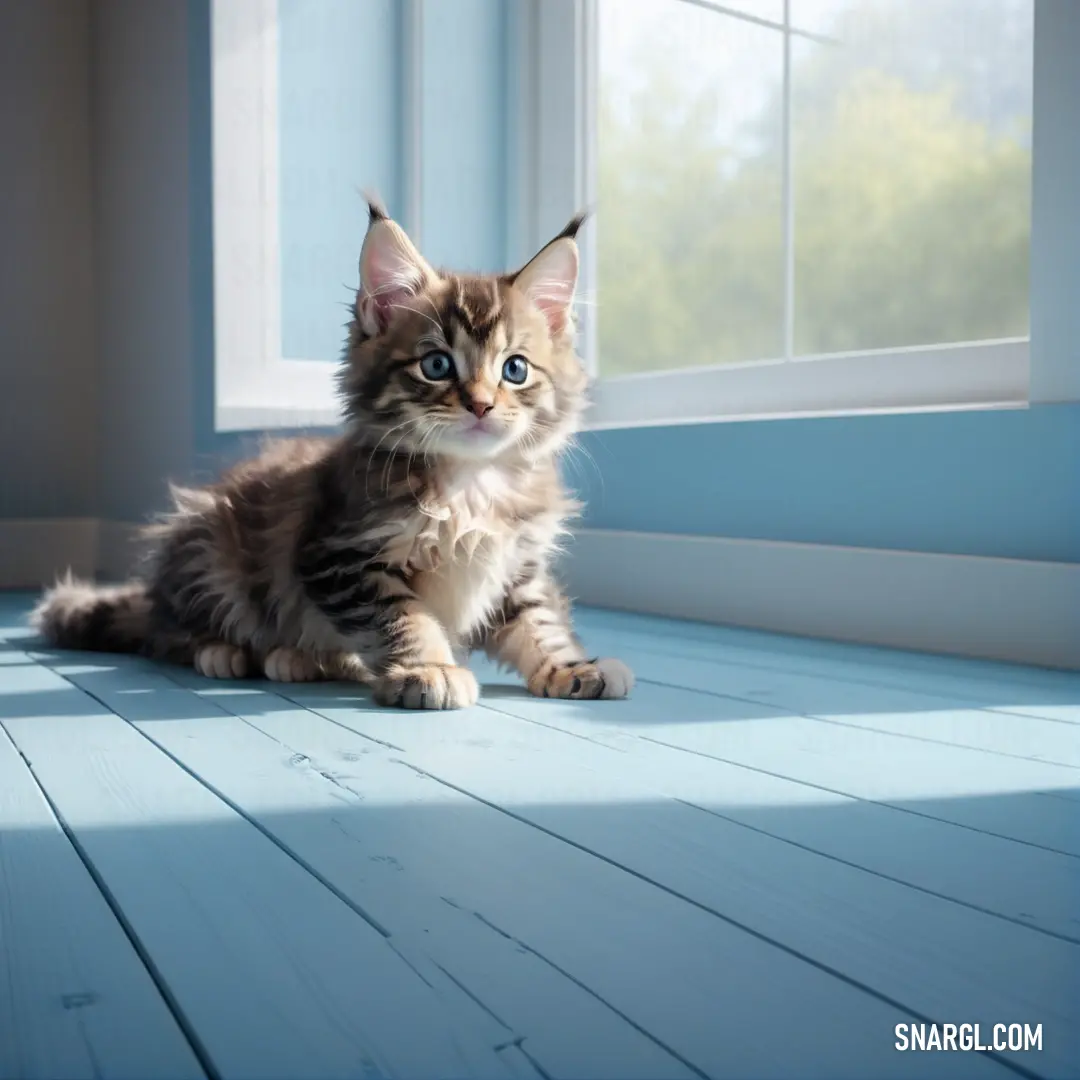 Kitten on a blue floor next to a window with a blue curtain behind it