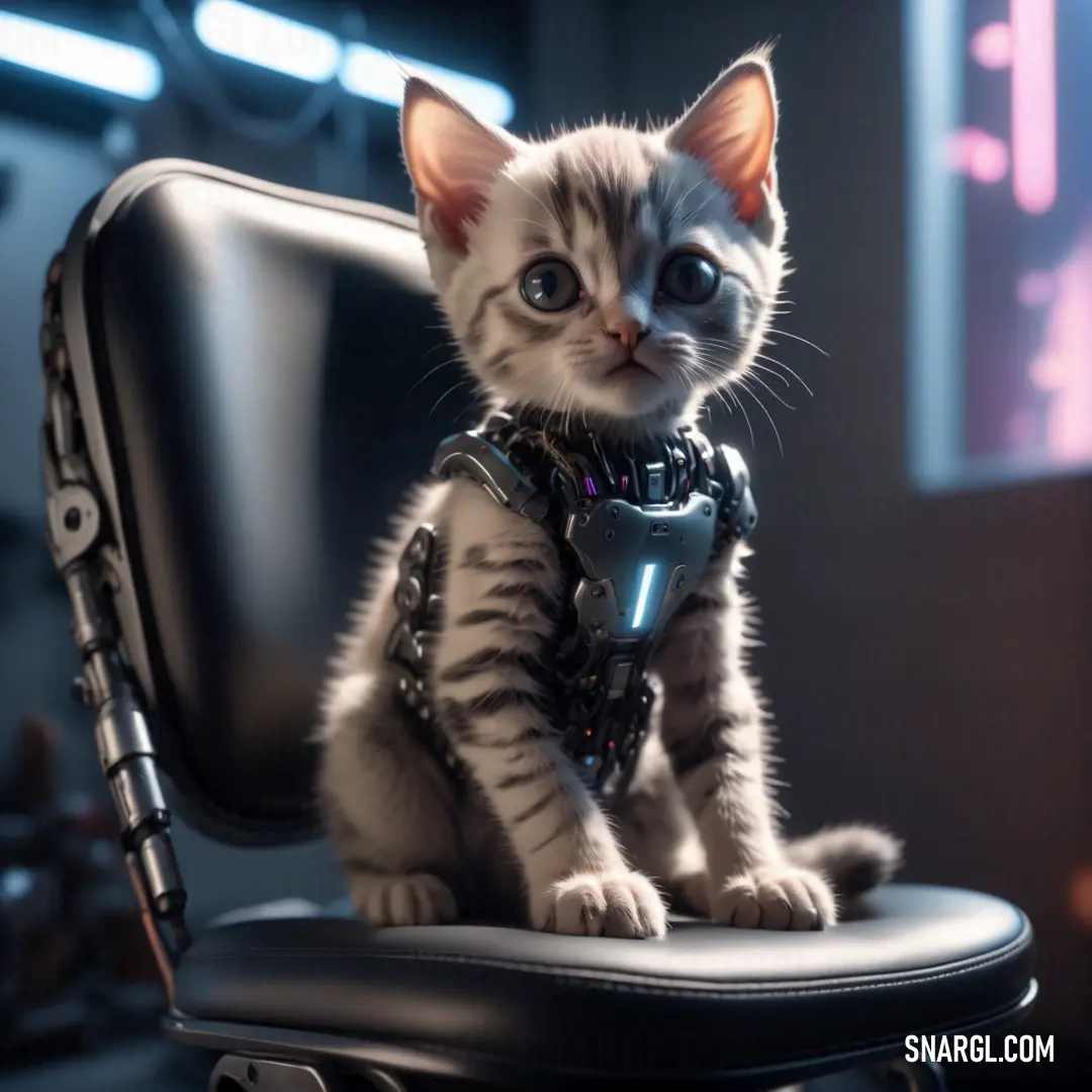 Kitten on a chair with a robot arm around it's neck
