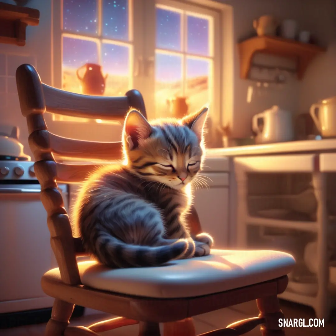Kitten on a chair in a kitchen looking at the sun through the window
