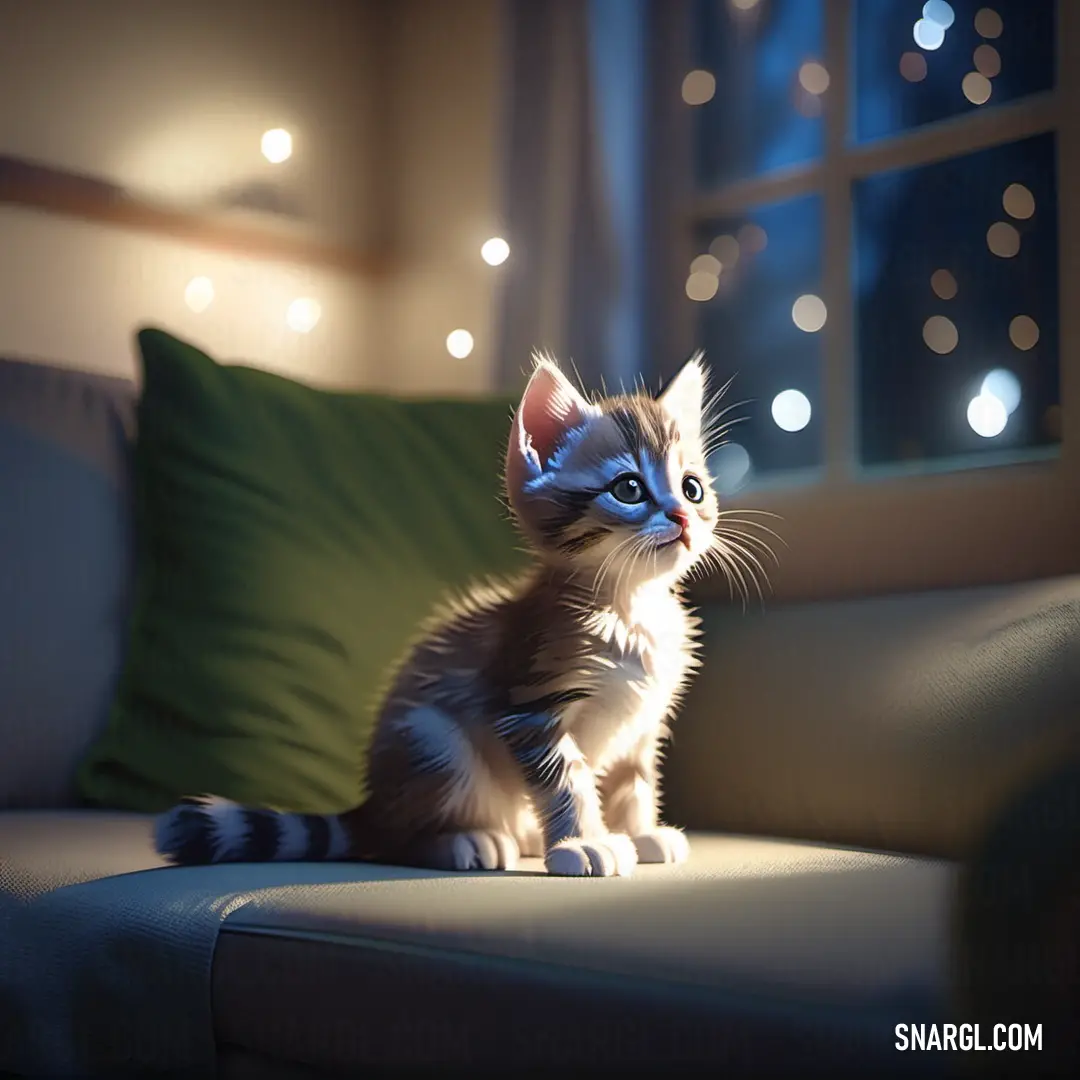 Kitten on a couch in front of a window with lights on it's sides and a green pillow