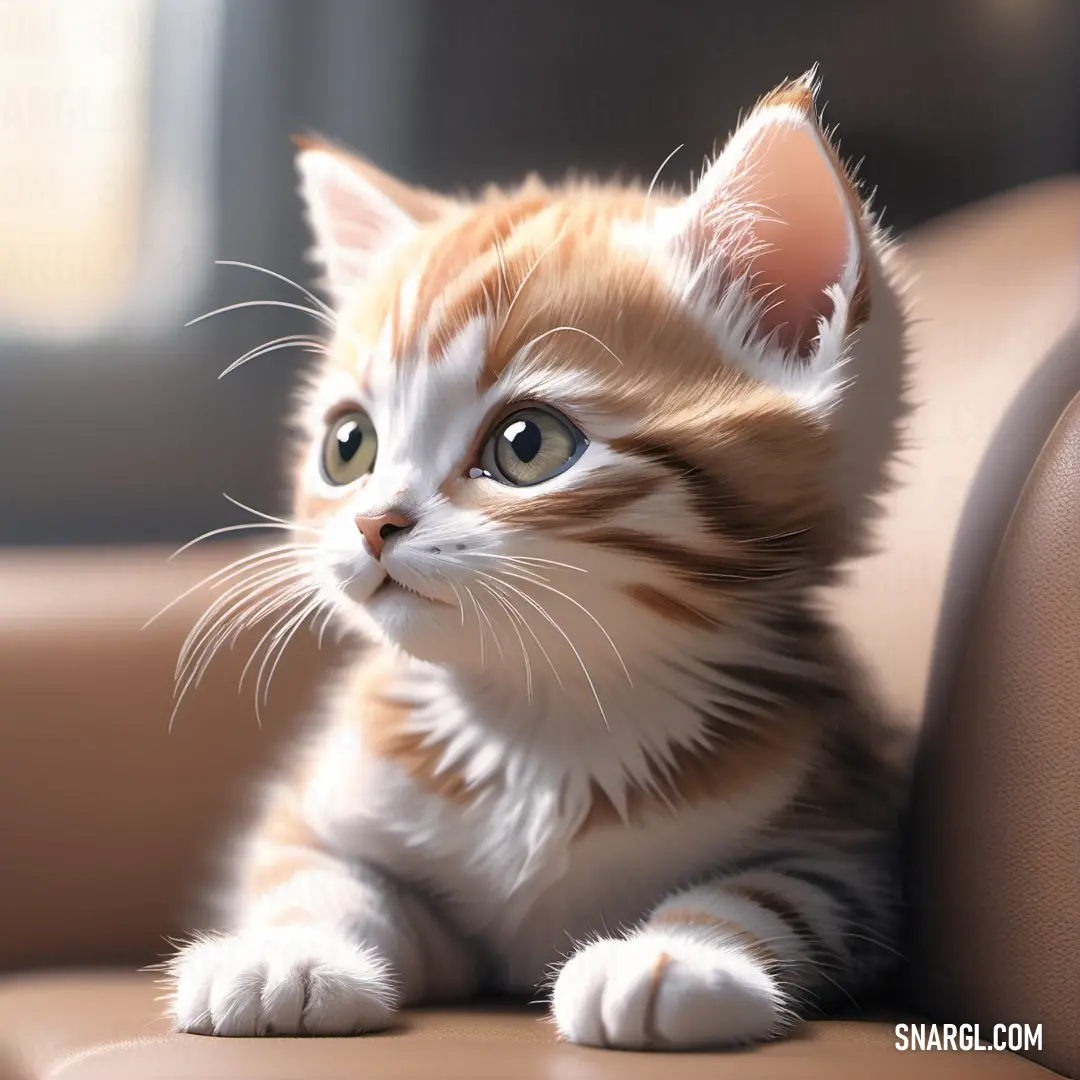 Kitten on a couch looking up at something with a sad look on its face and eyes