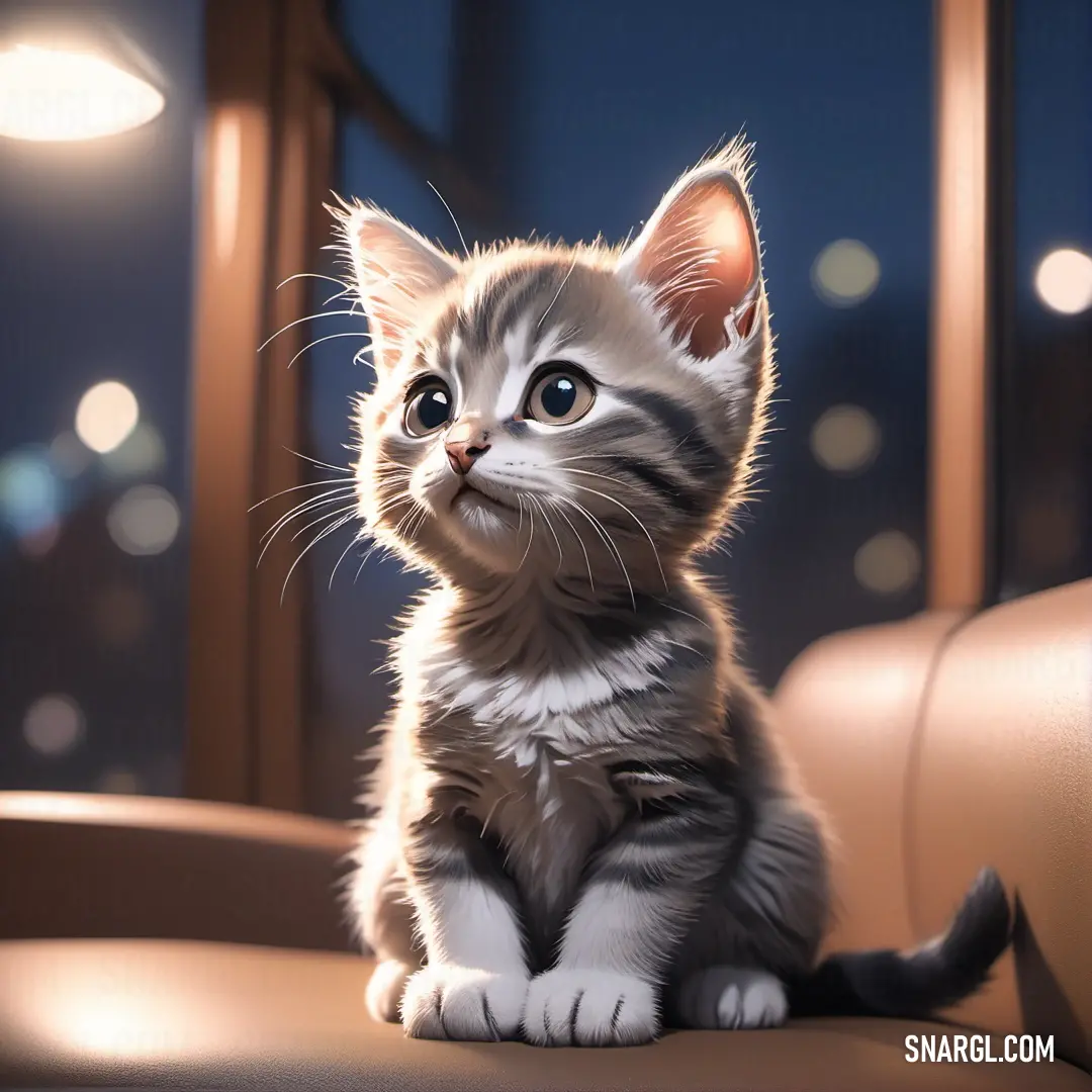 Kitten on a couch looking up at something in the distance with a city lights in the background