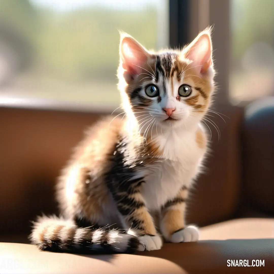 Kitten on a couch looking at the camera with a blurry background of the room behind it