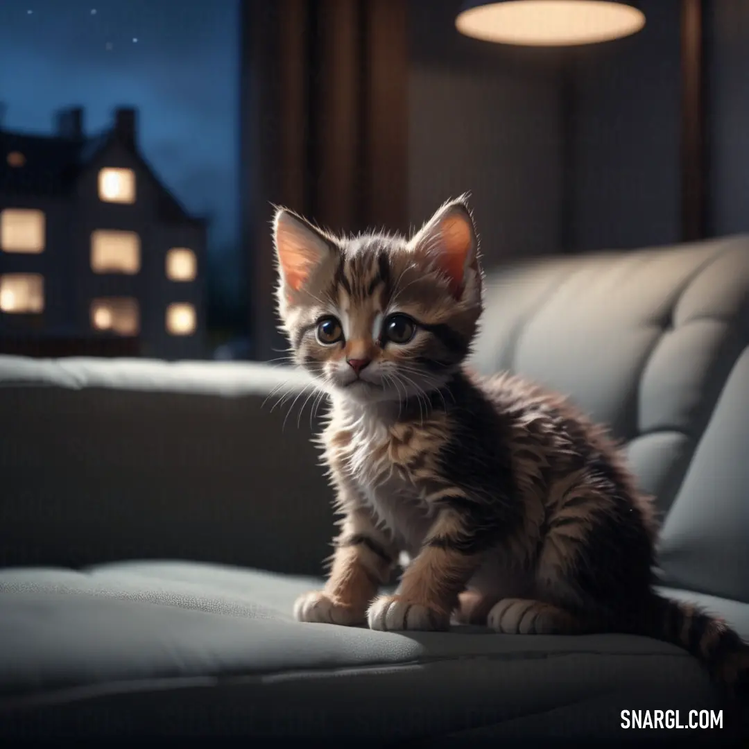 Kitten on a couch in a room with a window and a lit house in the background at night