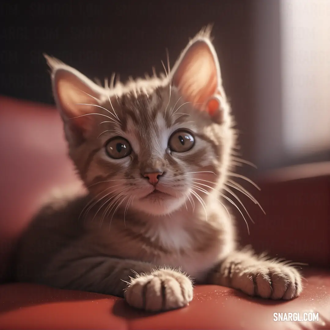 Kitten on a red couch looking at the camera with a sad look on its face and eyes