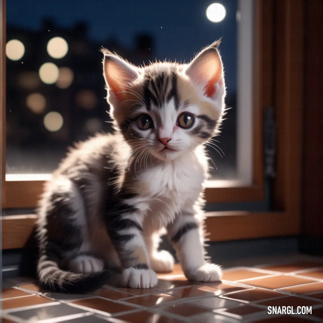 Kitten on a tiled floor looking at the camera with a blurry background of buildings and lights