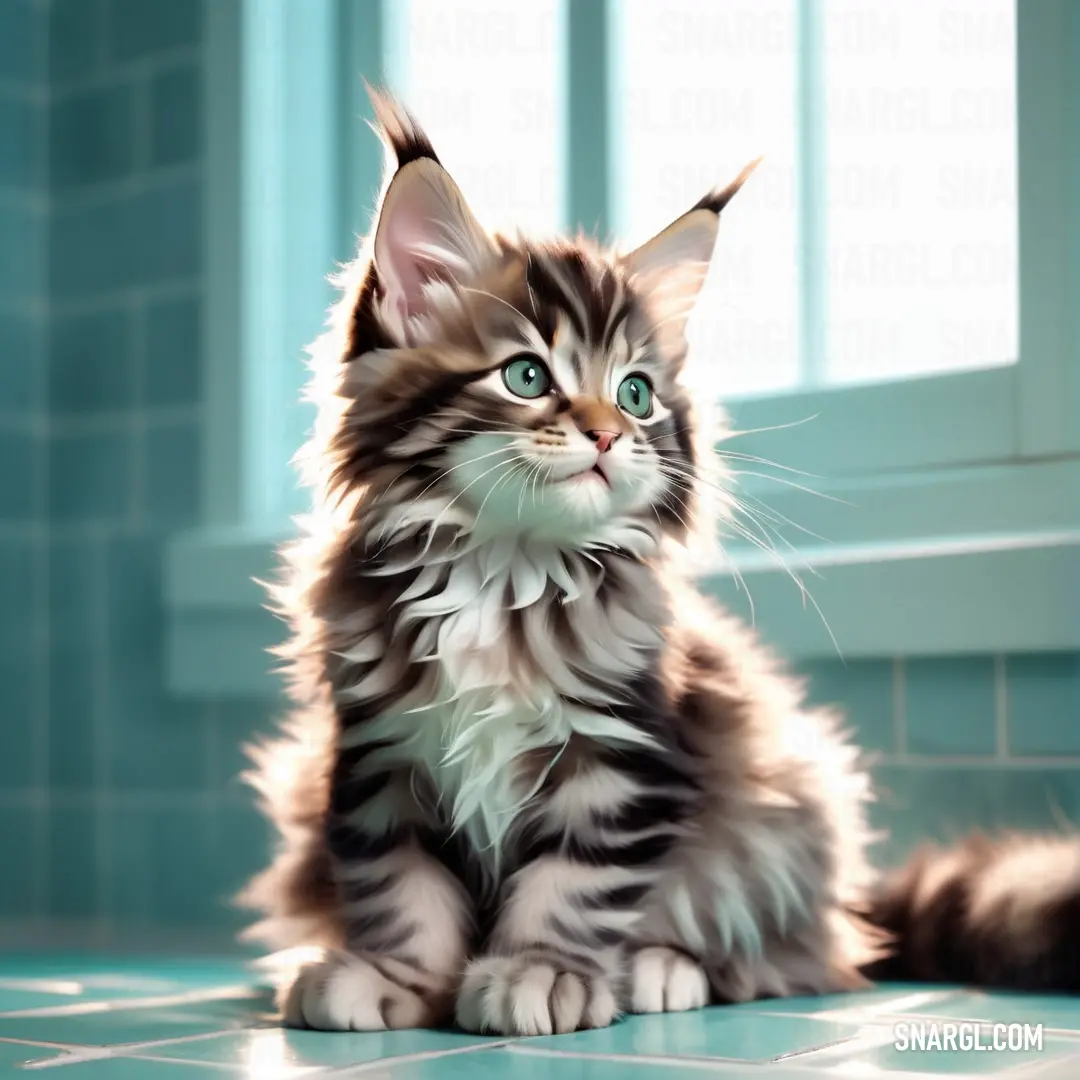 Kitten on a tiled floor next to a window with blue shutters and a green tiled wall