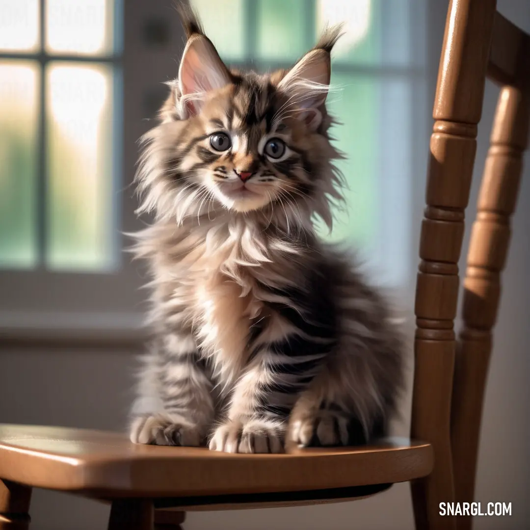 Kitten on a wooden chair looking at the camera with a blurry background of a window behind it