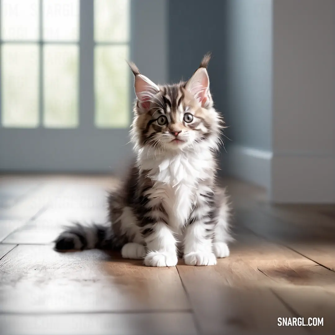 Kitten on a wooden floor looking at the camera with a sad look on its face and eyes