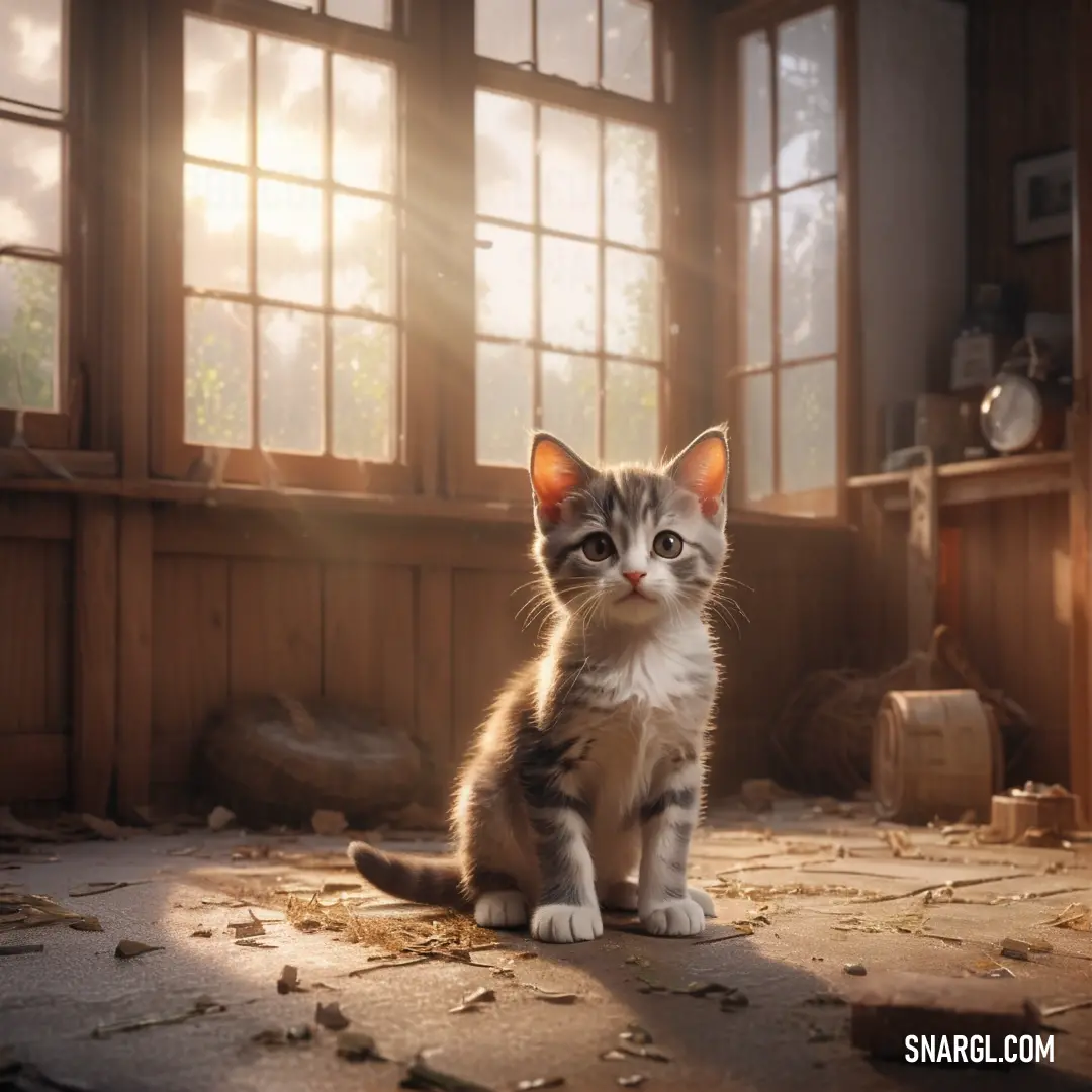 Kitten on the floor in front of a window with sunlight streaming through it and a broken glass