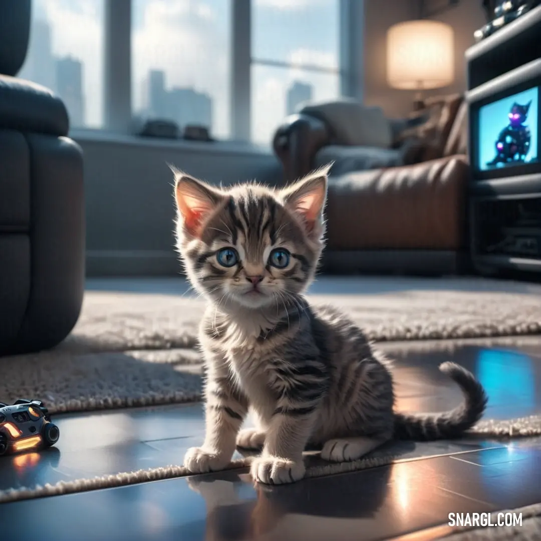Kitten on the floor in a living room looking at the camera with a blurry background of a city